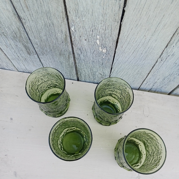Vtg Anchor Hocking Rainflower Avocado Green Textured Tumblers MCM Set Of 4 - Picture 3 of 6